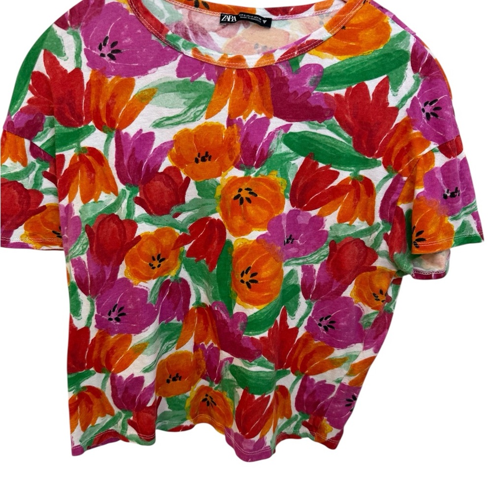 ZARA 100% Cotton Floral Print Short Sleeve Cropped T-Shirt Size Small Multicolor